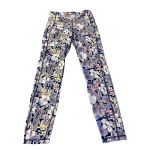 Tahari Sport Womens Floral Print Active Leggings Pants Navy Blue Pink Size M NWT